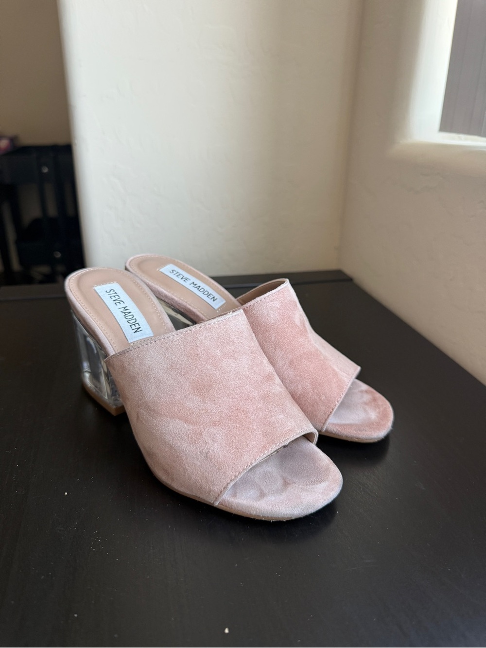 Steve Madden Dusty Pink Suede Open-Toe Mule with Clear Block Heel